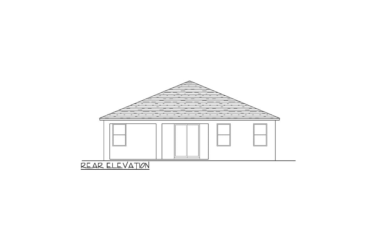 Rear elevation drawing of a house plan showing a symmetrical gable roof, a garage, sliding glass doors, and three windows.