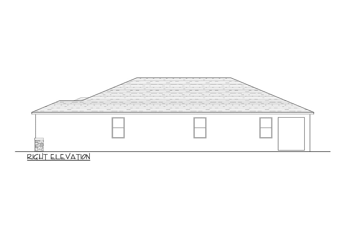 Right elevation house plan drawing of a one-story house with a pitched roof, three windows, a covered porch with stone column, and an attached garage.