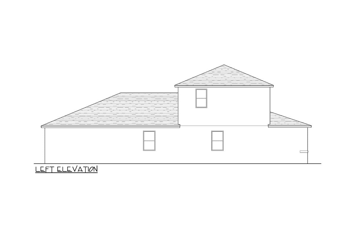 Left elevation drawing of a two-story house plan, showing hip and gable rooflines and windows.