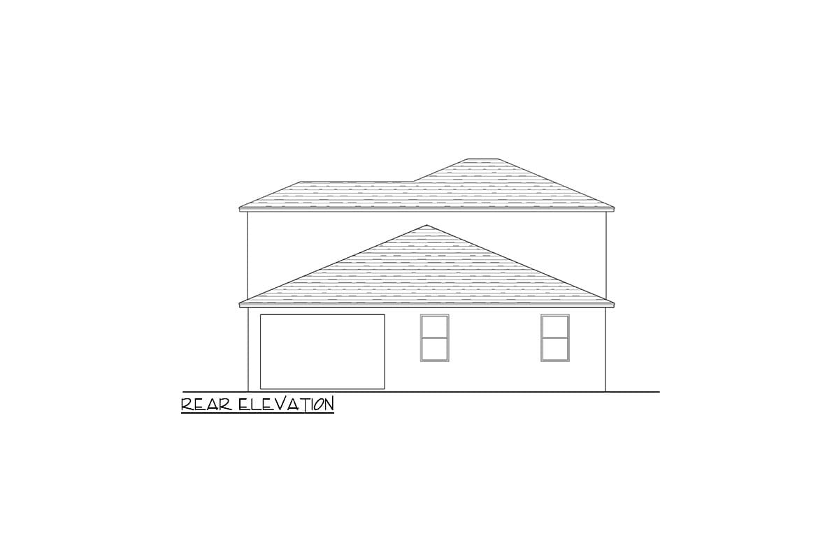 Rear elevation drawing of a two-story house plan with a hip roof, attached garage, and two windows.