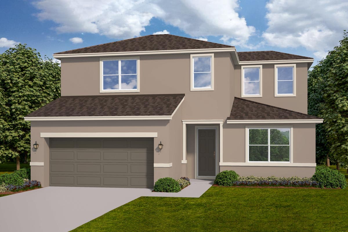 House plan exterior. Two-story stucco home with a two-car garage, multiple gables, and a prominent roofline.