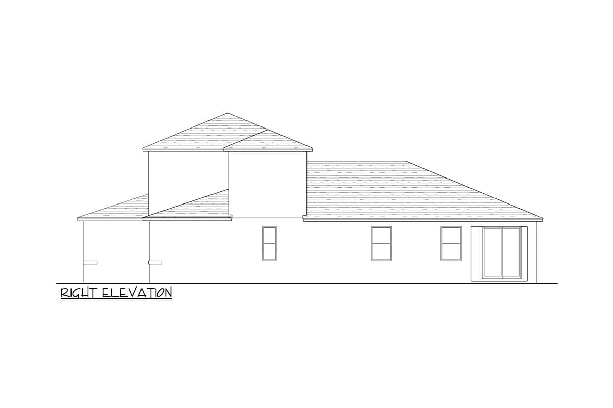 Right elevation drawing of a two-story house plan with hip rooflines, various window placements, and a sliding glass door.