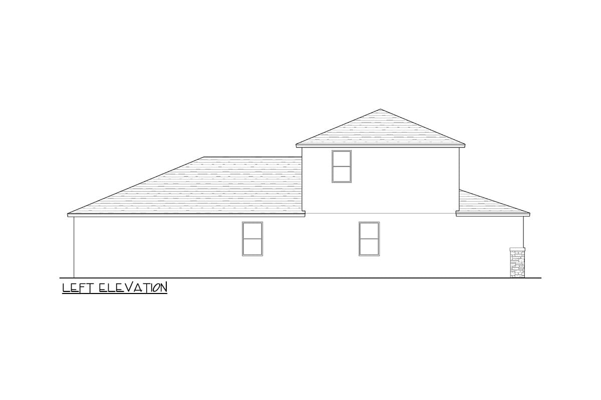Left elevation drawing of a two-story house plan with multiple gabled rooflines and a small covered porch supported by a stone column.