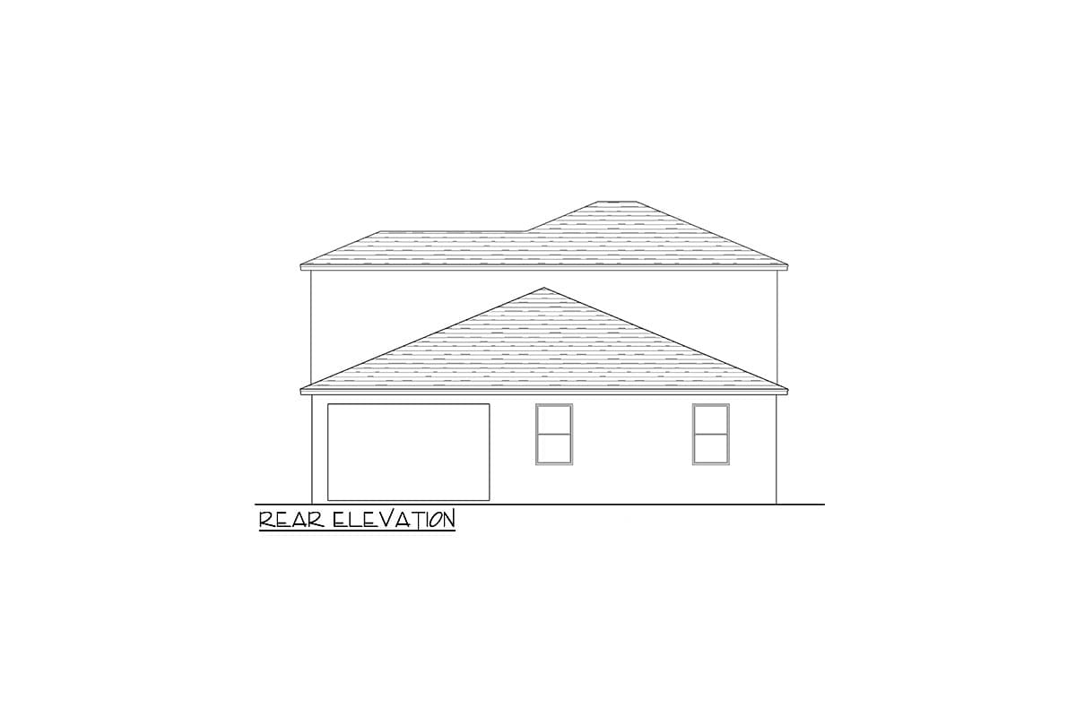 Rear elevation drawing of a two-story house plan with a garage and two windows.
