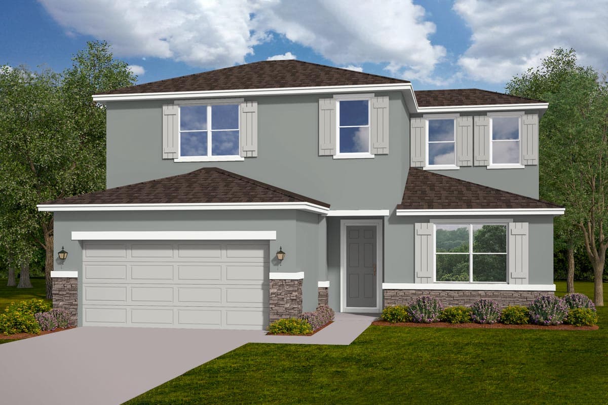 House plan exterior. Two-story home with a hip roof, two-car garage, and stone accents. Features include shutters and gables.