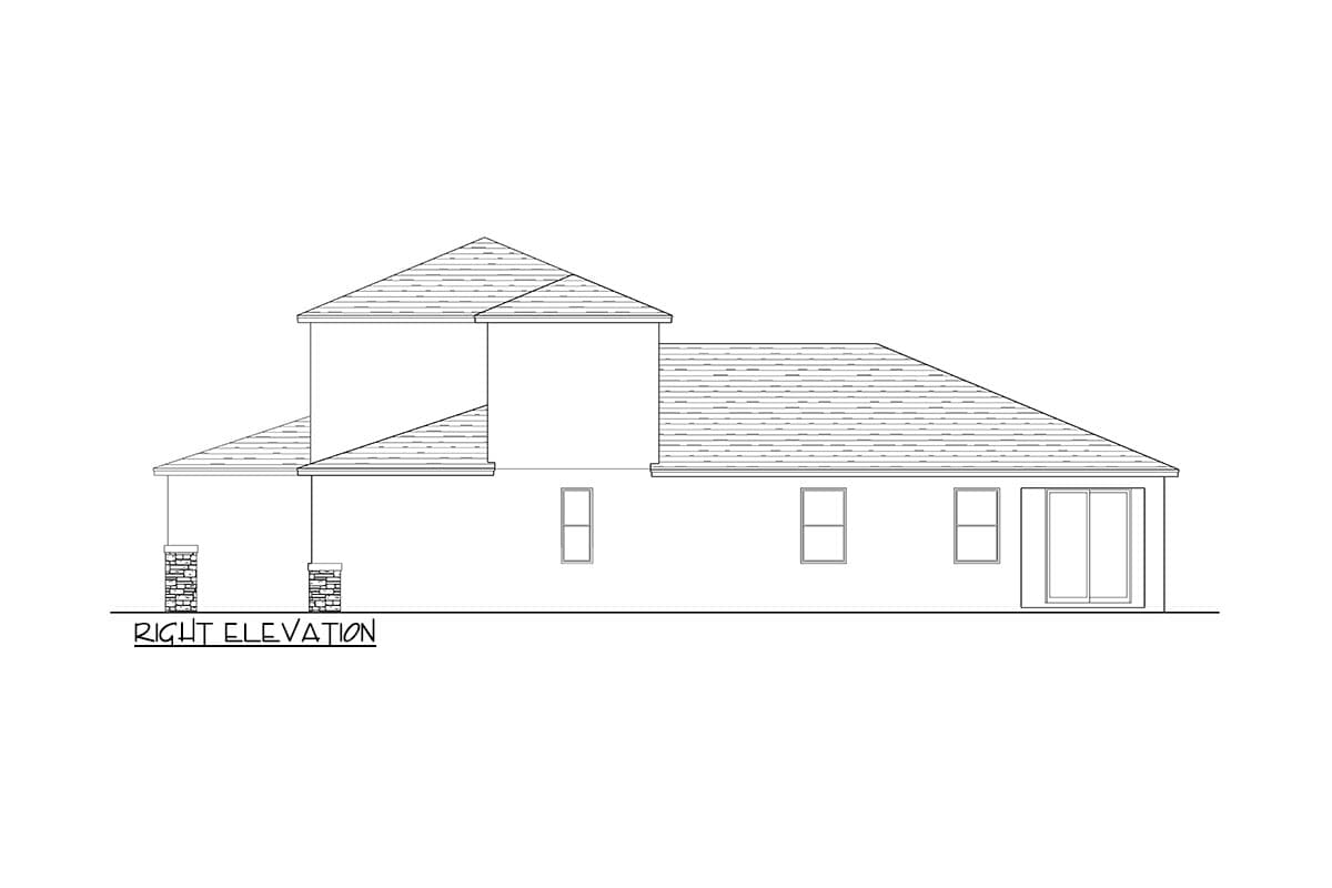 Right elevation drawing of a two-story house plan with a hipped roof, covered porch with stone columns, and three windows.