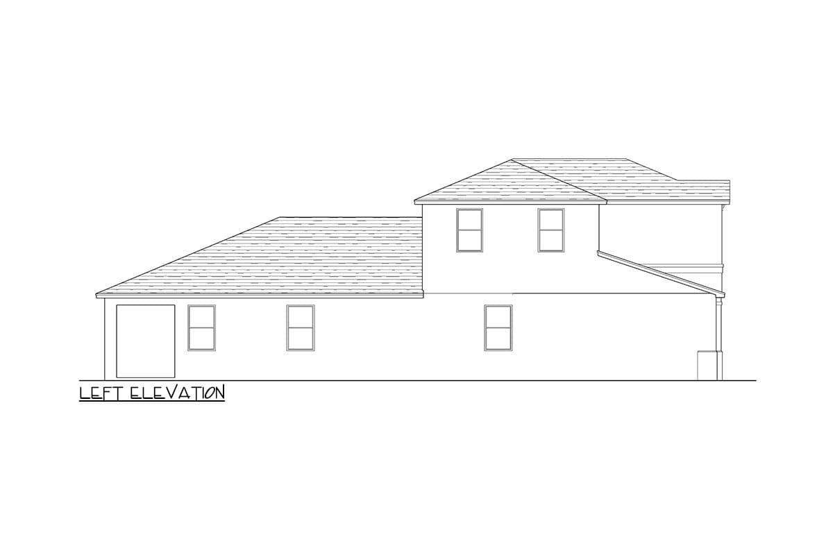Left elevation house plan showing a garage, multiple windows, and varying rooflines.