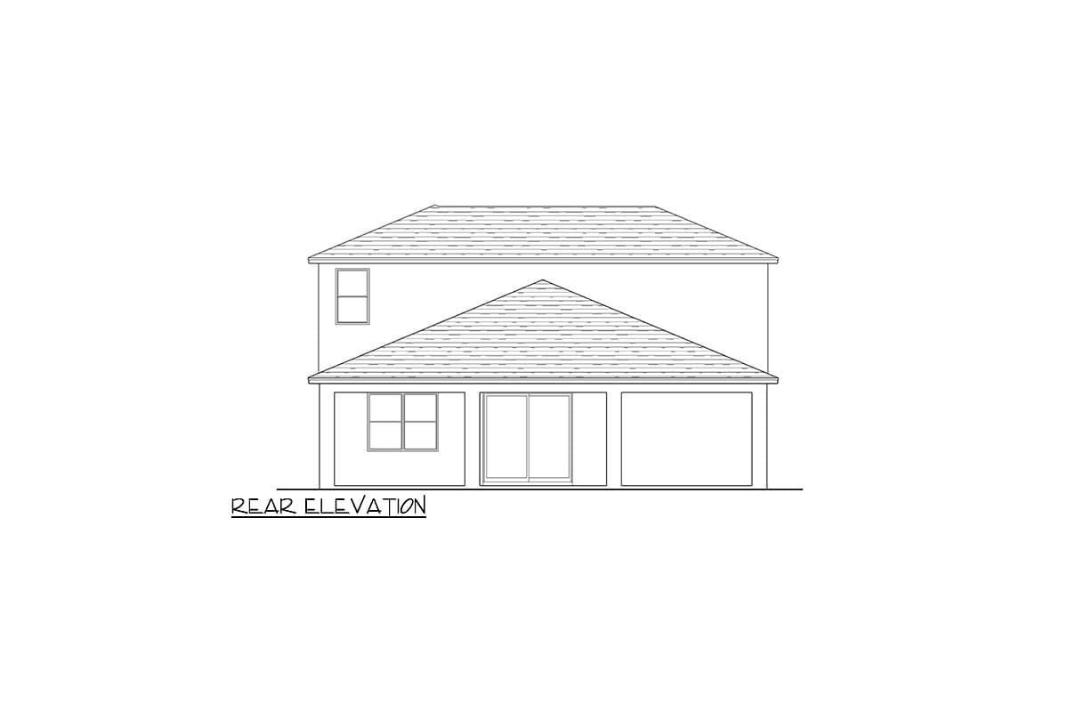 Rear elevation drawing of a two-story house plan with a prominent gable roof, a single window, sliding doors, and a garage.