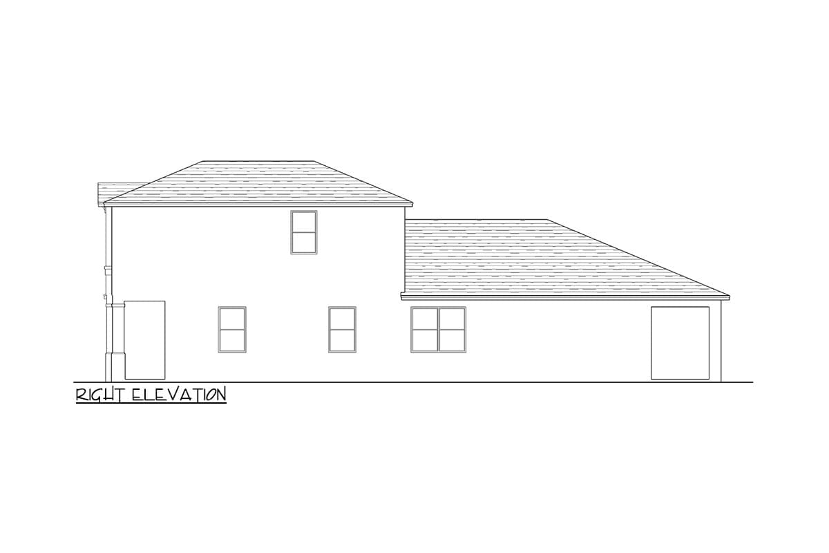 Right elevation drawing of a two-story house plan with multiple gables, dormers, and a detached garage.