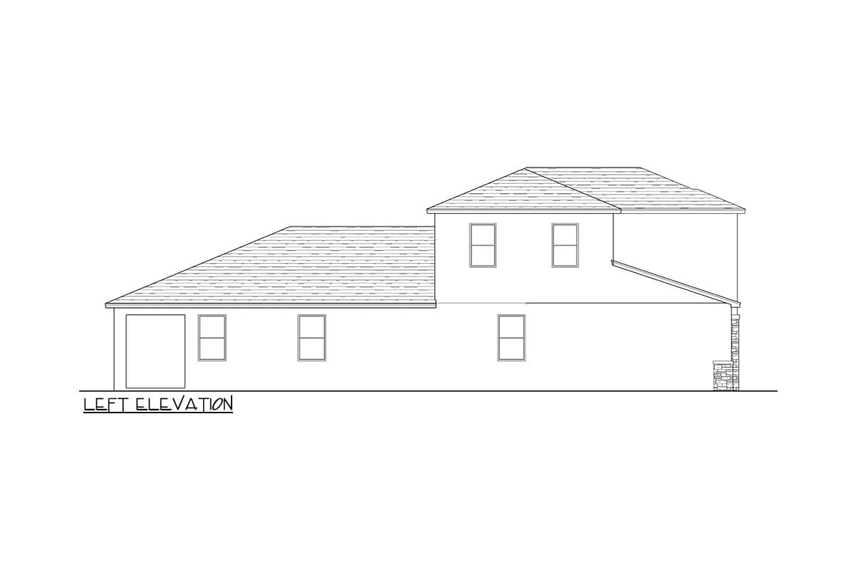 Left elevation drawing of a two-story house plan with attached garage, multiple gables, and stone foundation detail.