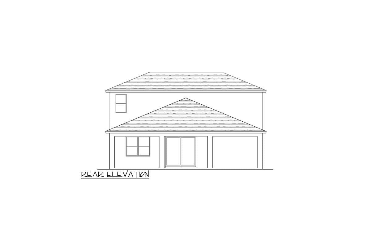 Rear elevation drawing of a two-story house plan with a gabled roof, single window, sliding doors, and garage.