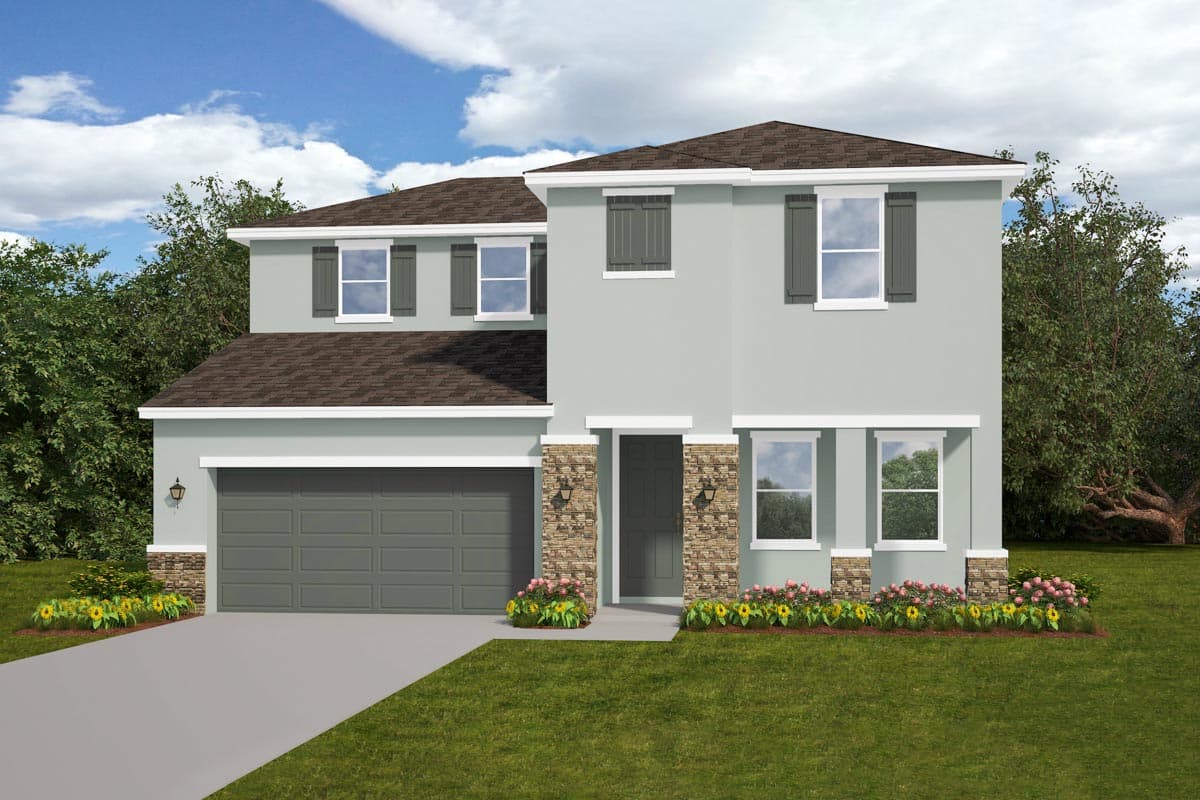 House plan exterior. Two-story home with a two-car garage. Features include a gabled roof, stone accents, and decorative shutters.