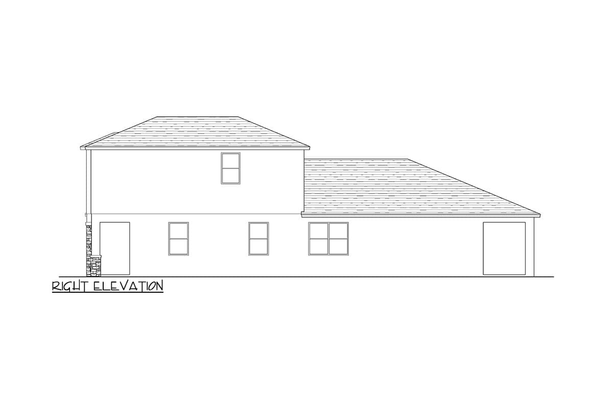 Right elevation house plan showing a two-story section, a single-story section, windows, a door, and a garage.