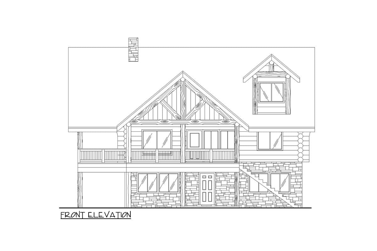 Front elevation drawing of a two-story log house with stone foundation, large gable with exposed beams, dormer, and wrap-around porch.