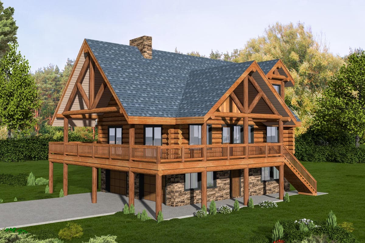 House plan exterior. Two-story log cabin with a raised deck, gabled roof, and stone-clad base level. Features a garage and staircase.