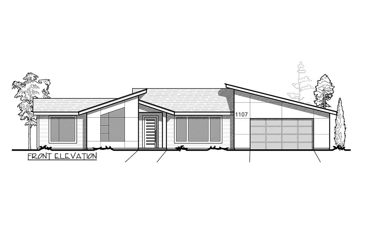 Front elevation drawing of a single-story house with a low-pitched roof, large windows, and an attached garage.