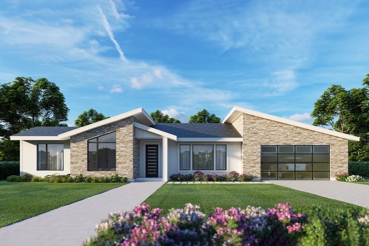 House plan exterior featuring a one-story, modern style. Stone accents are present on the gables. Garage is side-facing with a glass door.