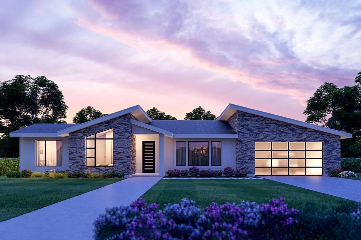 Modern house plan exterior with stone accents, asymmetrical rooflines, large windows, and a two-car garage with glass panels.