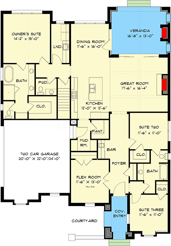 Plan 93174EL: 3 Bed Transitional House Plan Under 2200 Square Feet with Flex Room - Floor Plan - Main Level - European, Transitional, Tudor