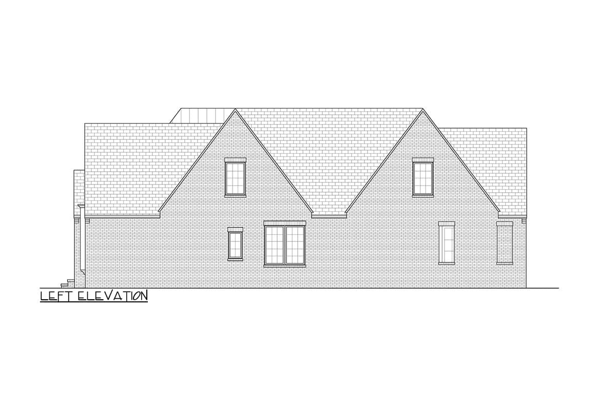 Left elevation drawing of a brick house plan with multiple gables and varied window sizes.