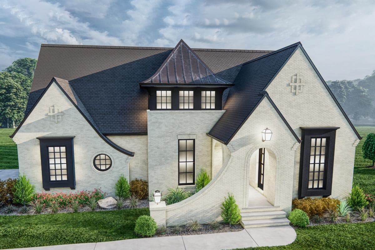 House plan exterior with light brick, multiple gables, a turret, and arched entry.
