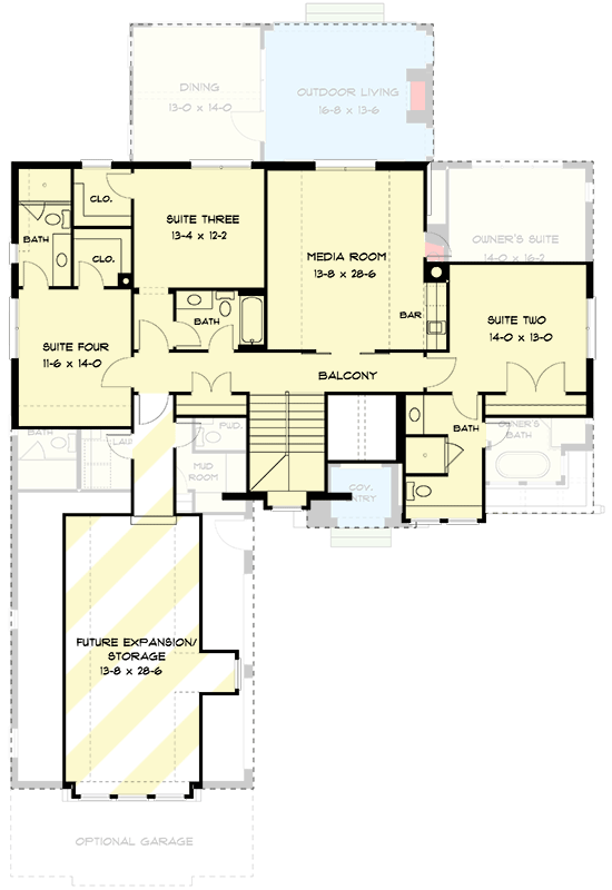Plan 93176EL: Transitional Acadian House Plan with First-floor Office and Owner's Suite - Floor Plan - 2nd Floor - Acadian, European, New American, Southern, Transitional