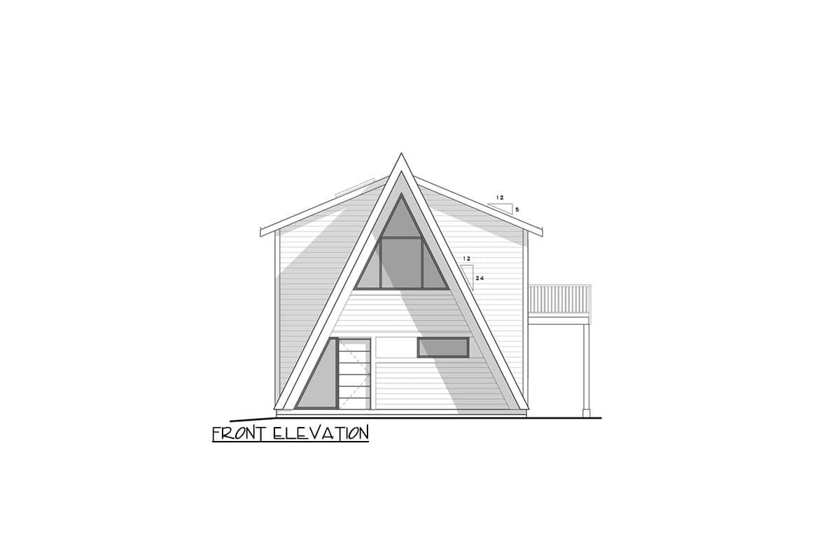 Front elevation drawing of an A-frame house plan with a pitched roof, large triangular window, and a deck.