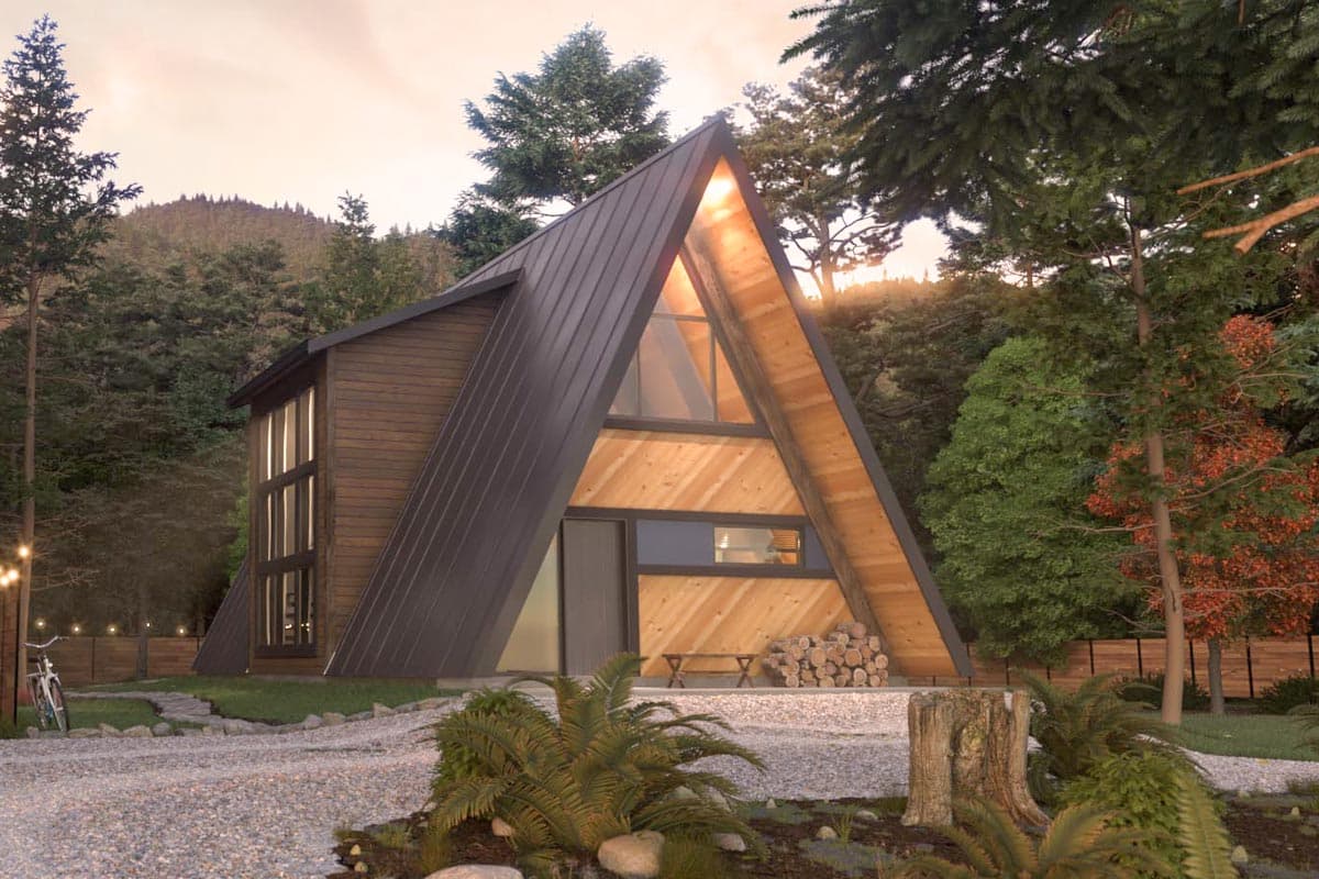 Modern A-frame house plan exterior with dark metal roof, wood siding, and large triangular front window.
