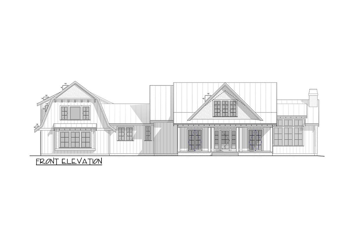 Front elevation drawing of a two-story house with a gambrel dormer, wide porch, multiple gables, and numerous windows.