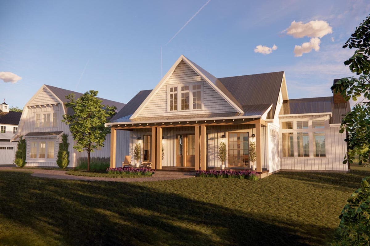 House plan exterior: Modern Farmhouse style, two stories, prominent gable, covered porch with wood beams, and board-and-batten siding.