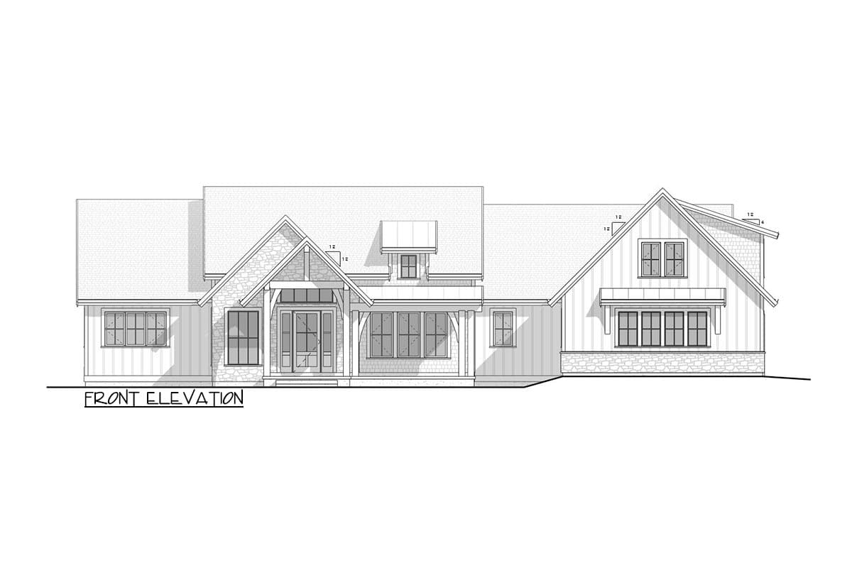 Front elevation drawing of a house with gabled rooflines, stone accents, and a covered entry.