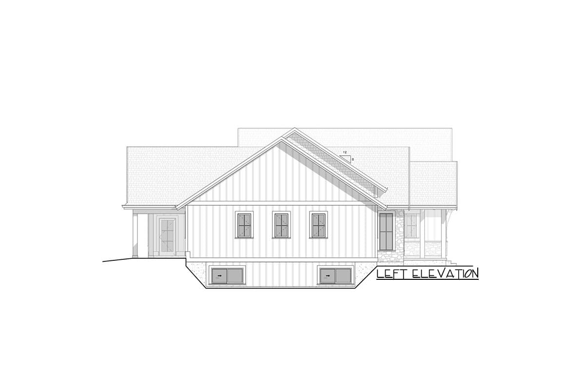 Left elevation house plan drawing showing a gable roof, vertical siding, stone accents, and basement windows.