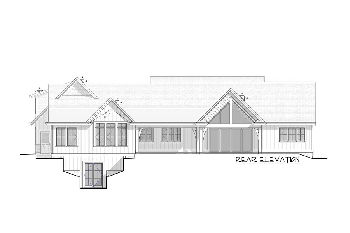 Rear elevation house plan shows a multi-story home with gables, a covered porch with exposed beams, and large sliding doors.