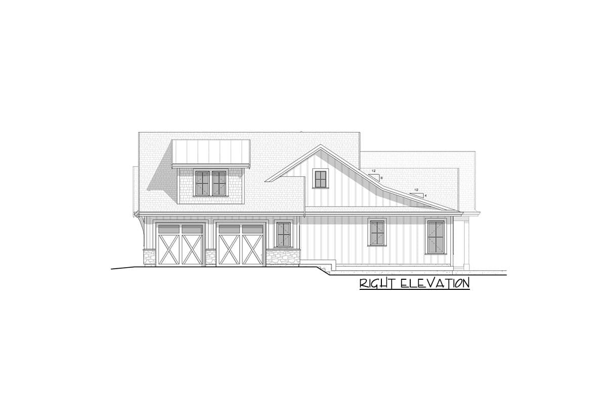 House plan right elevation with a dormer, three-car garage with X-paneled doors, and vertical siding.