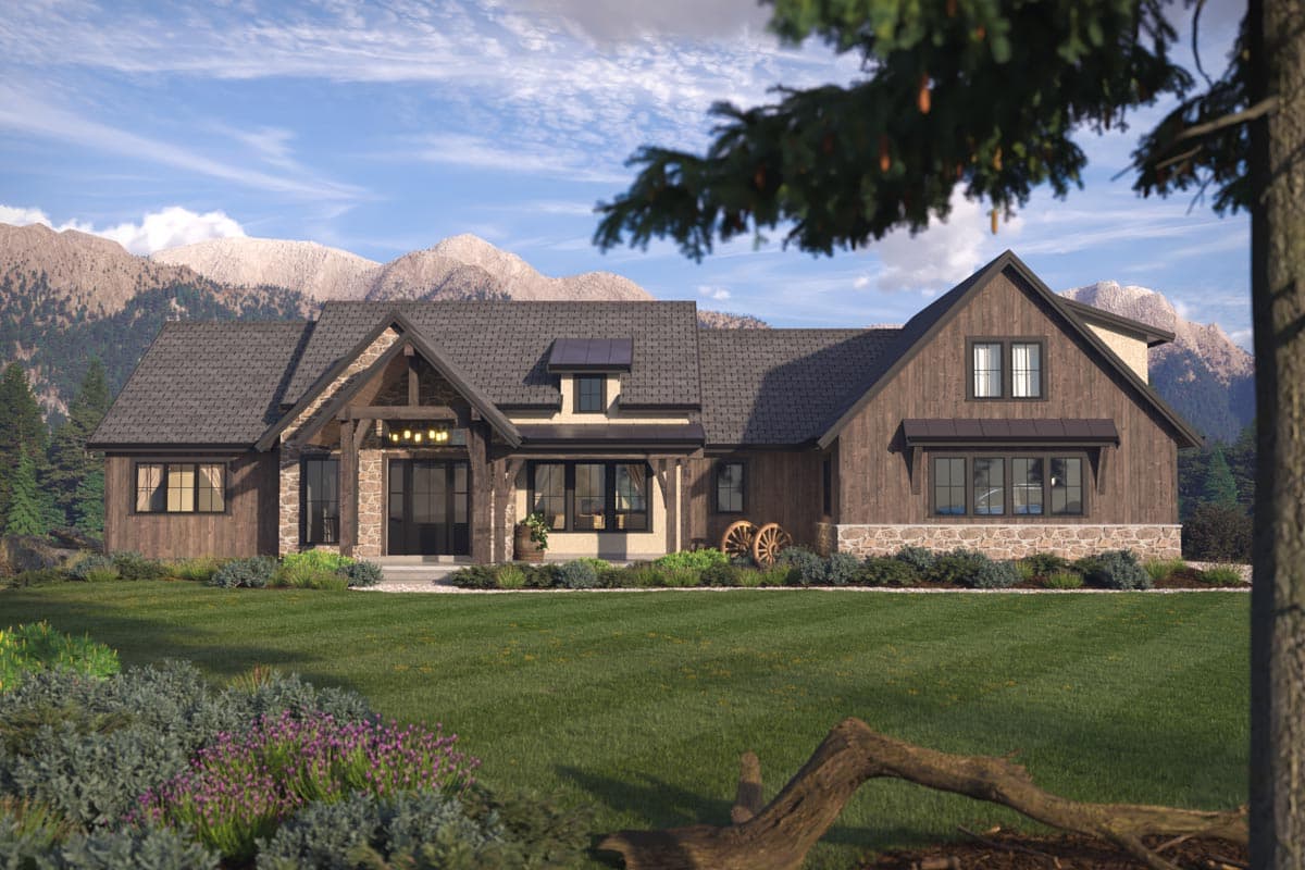 House plan exterior with stone and wood siding, gabled roof, and covered entry porch with timber framing; two stories.