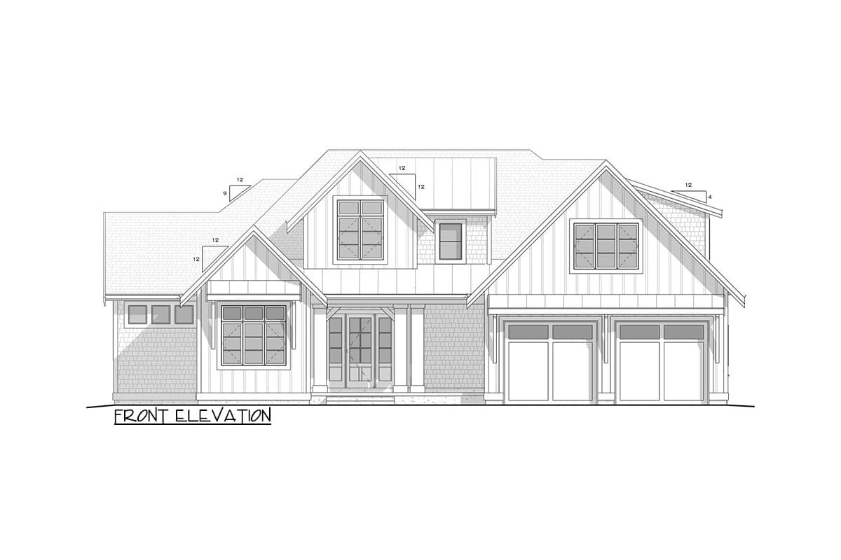 Front elevation of a house plan featuring gabled dormers, a covered porch entry, and a three-car garage.