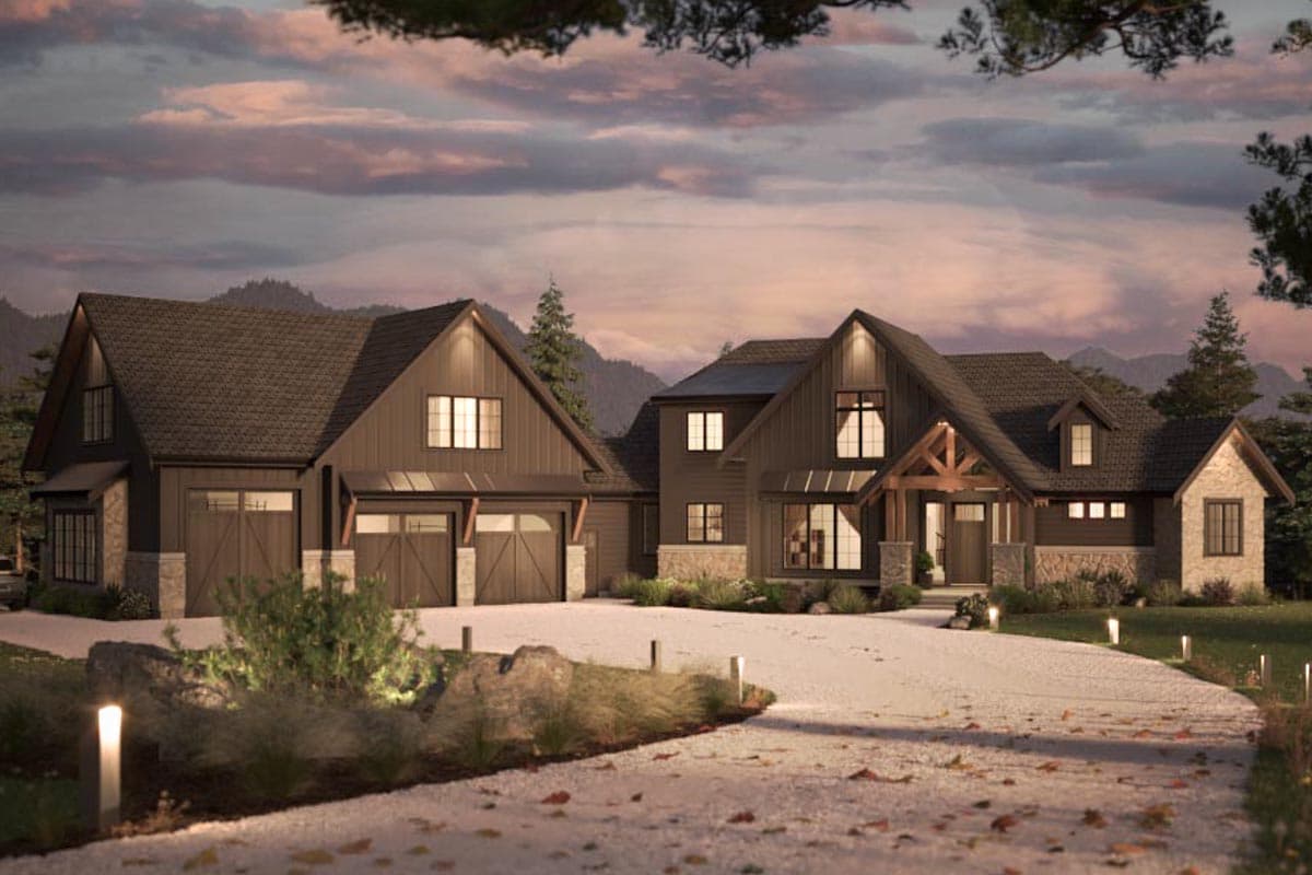 Modern mountain house plan exterior: two stories, gabled roofs, stone accents, three-car garage, and prominent wood-framed entrance.