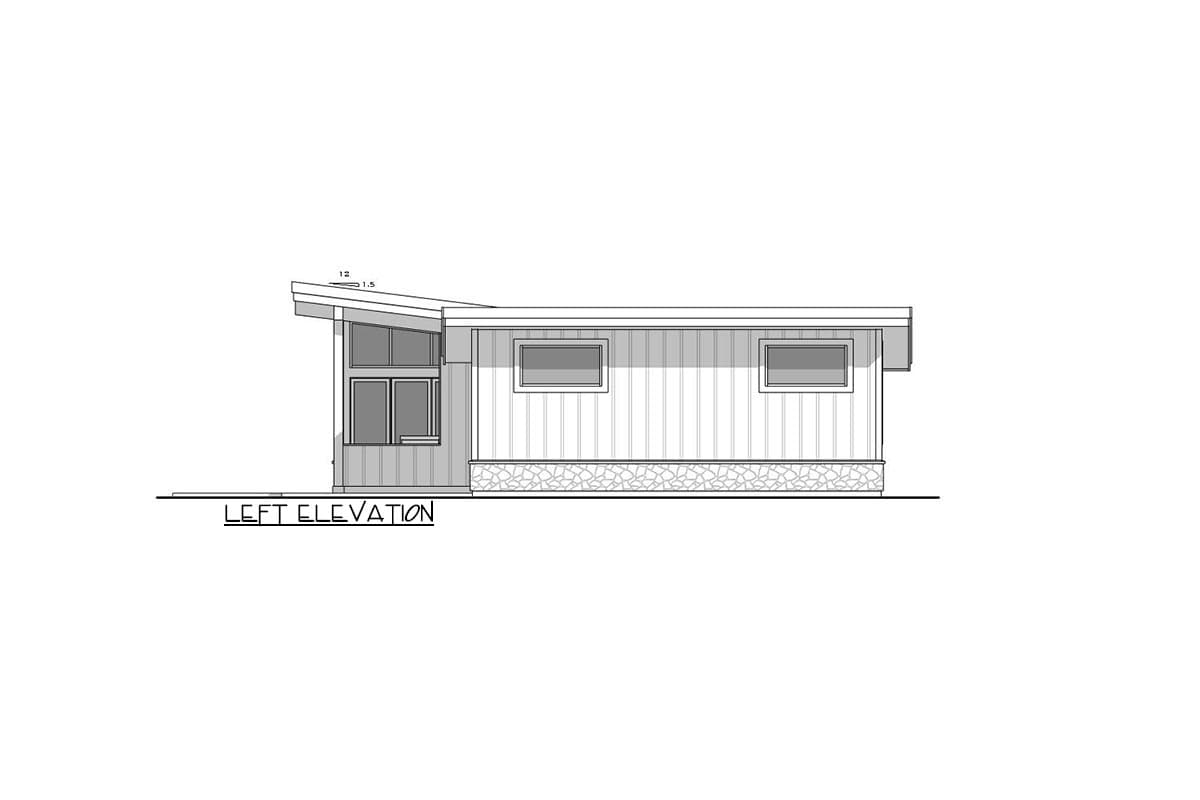 Left elevation drawing of a house with a sloped roof, vertical siding, and stone base.