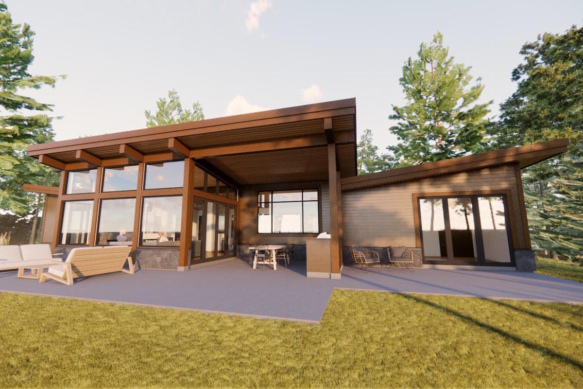 House plan exterior. Modern style with flat roof and large windows. Includes a covered patio and prominent wooden beams.