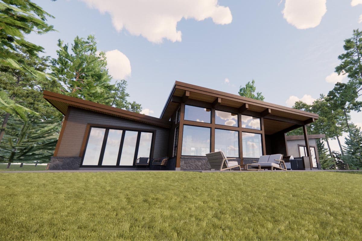 Modern house plan exterior with a low-pitched roof, stone and wood siding, and large windows.