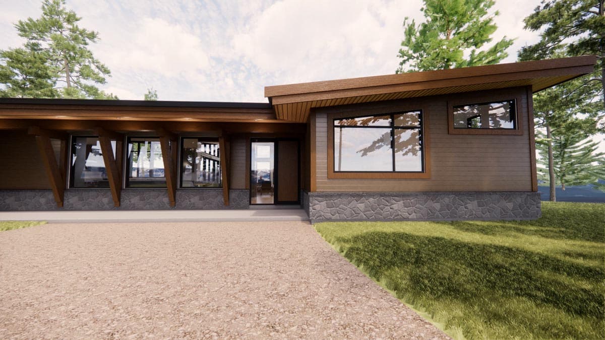 Modern house plan exterior with wood siding, stone foundation, large windows, and angled rooflines.