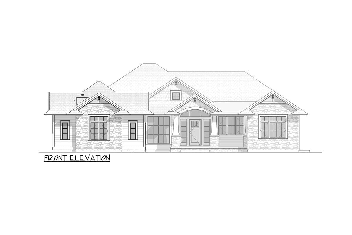 Front elevation house plan. Single-story, stone and lap siding exterior, gabled roof, covered entry with arched transom.