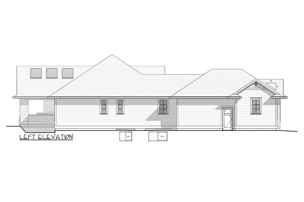 Left elevation of a house plan. Features include a stone-clad porch, gabled rooflines, multiple dormers, and horizontal siding.