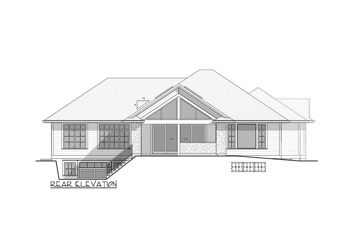 Rear elevation house plan with a prominent gable, stone accents, multiple windows, and a walk-out basement.