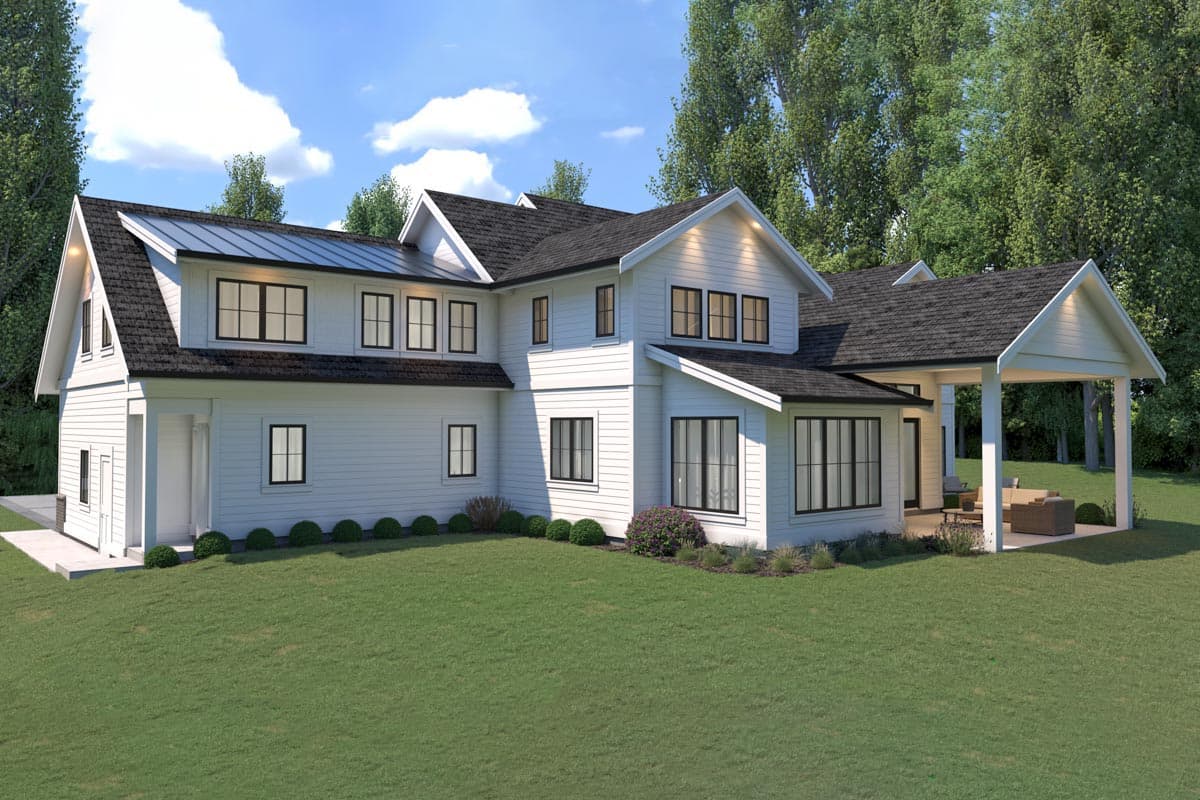 Modern Farmhouse house plan exterior with gables, multiple dormers, and a covered porch.