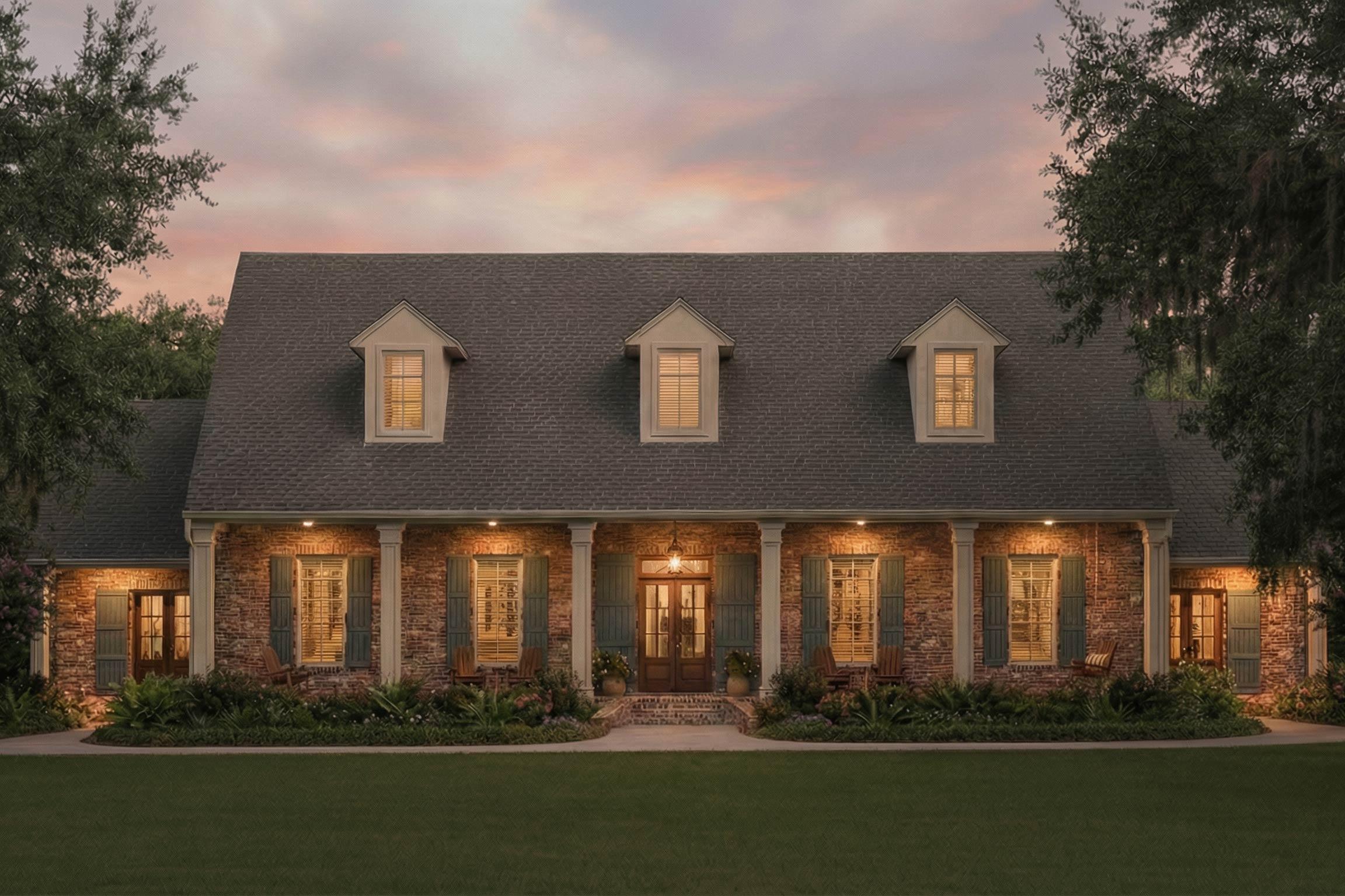 House plan exterior: Traditional brick ranch with a central covered porch, three dormer windows, and a symmetrical facade.