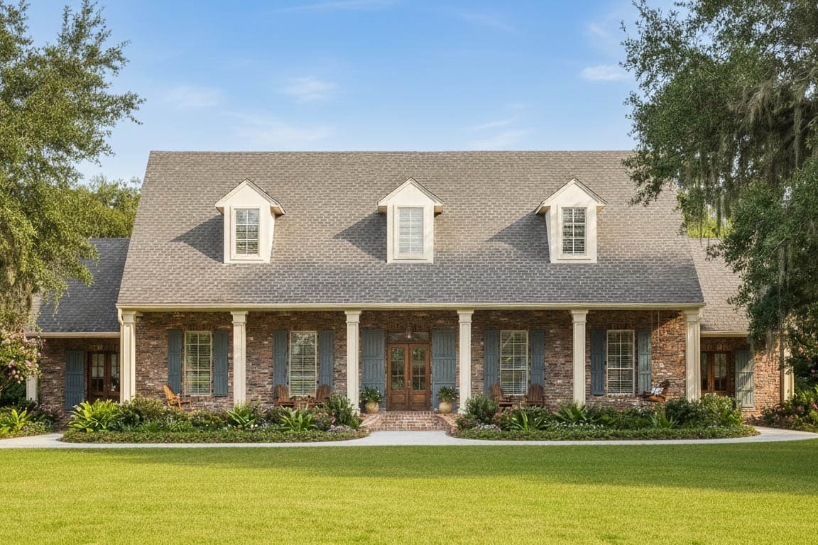 House plan exterior: Two-story brick home with a covered front porch supported by columns, three gables, and arched dormers.