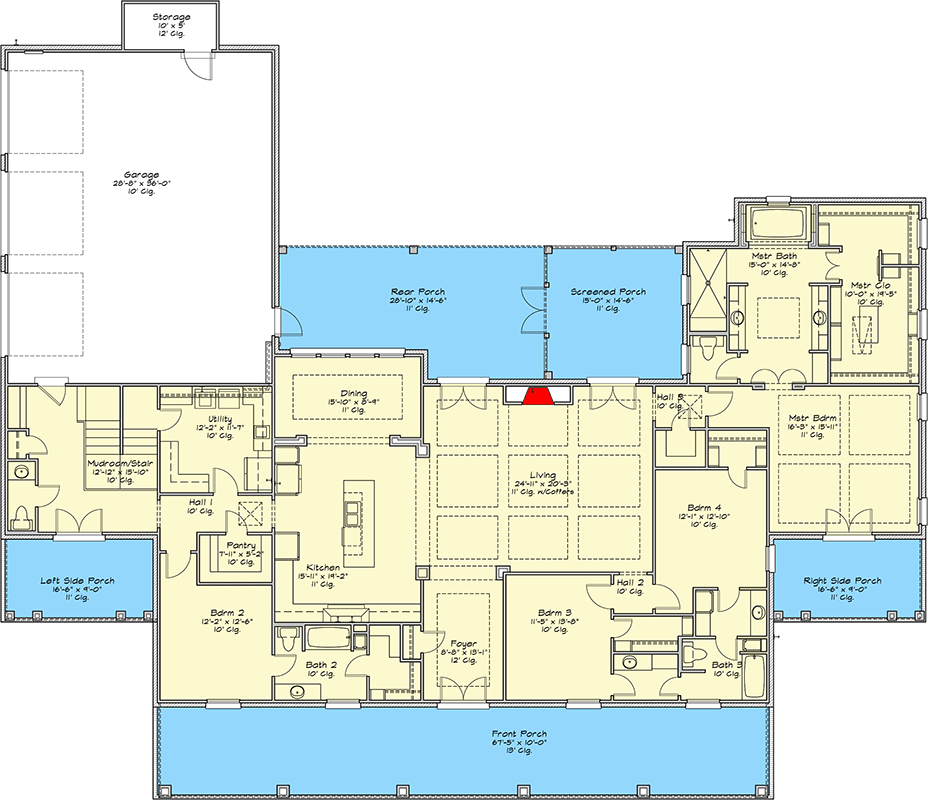 Plan 125004LEW: Southern Traditional Home Plan with Front and Rear Porches - Floor Plan - Main Level - Country, Louisiana-Style, Ranch, Southern, Southern Traditional, Traditional