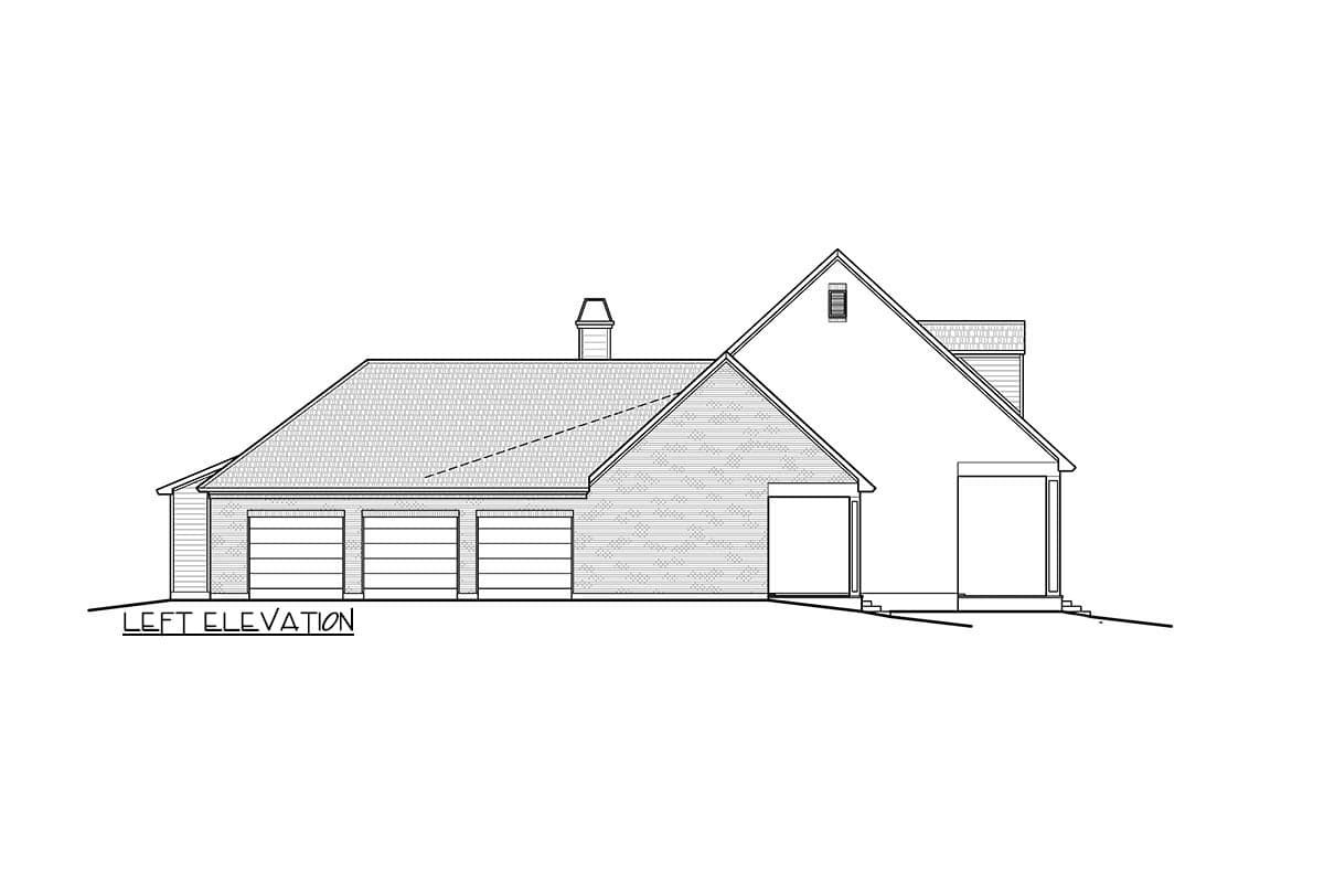 Left elevation house plan with a three-car garage, a covered entry, and a prominent gable.