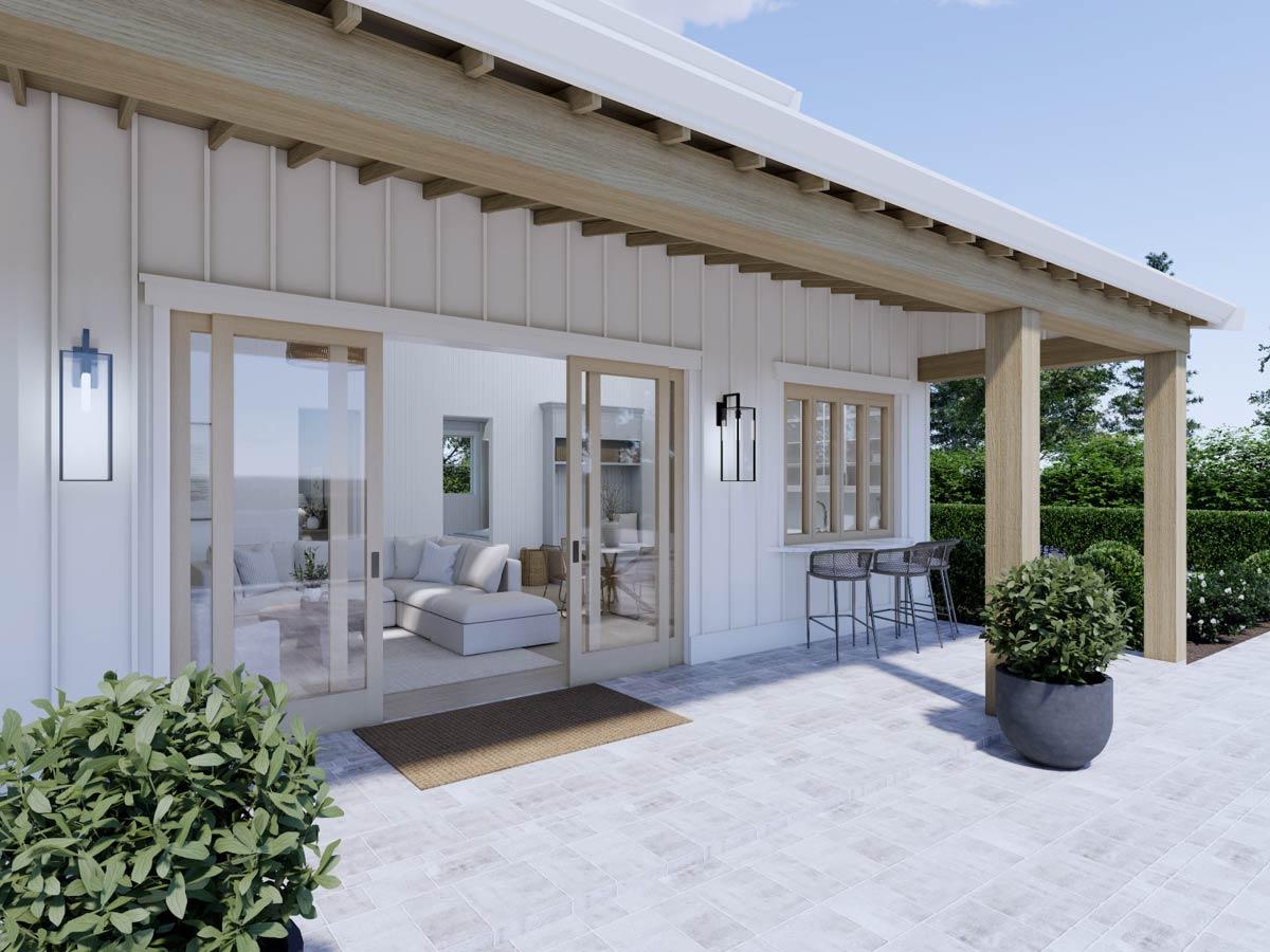 Modern house plan exterior with covered patio, sliding glass doors, bar seating, and visible interior living space.